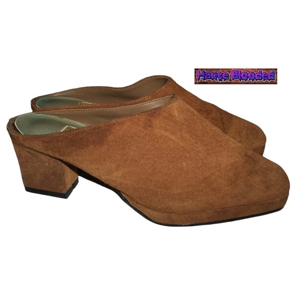 Vintage 90's Wild Pair Suede Tan Platform Slides Square Heels Mules Leather y2k - Picture 1 of 7